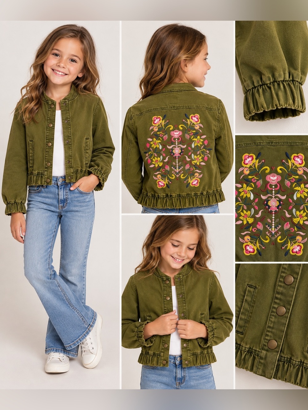 GB Girls Olive Green Embroidered Floral Military Jacket- large